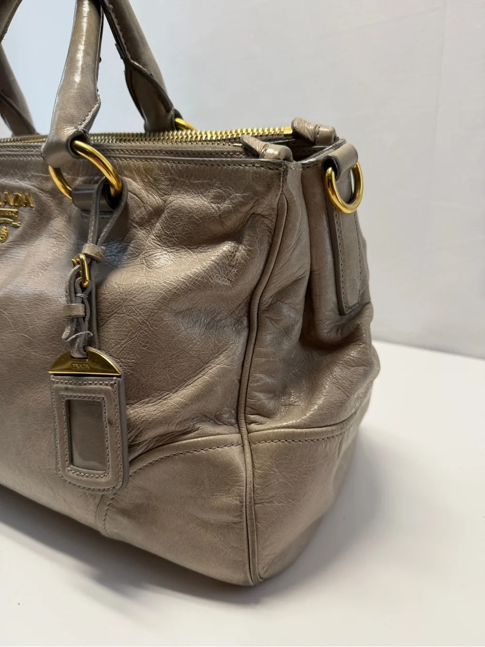 Prada Metallic Taupe Leather Satchel with Gold Hardware